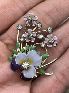 Vintage Enamel Purple Pansy Violet Gold Tone Rhinestone Brooch Pin Jewelry Eyeso - Picture 1 of 6