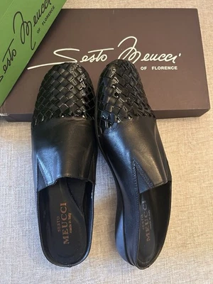 Sesto Meucci Mules Negro Tejido Cuero Toboganes Flexibles, Talla 7.5 Foto 1 de 4