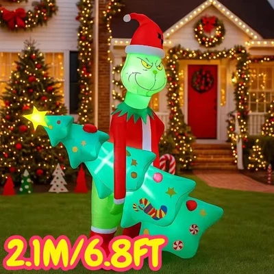2.1M/6.8FT Inflatable Grinch Holding Christmas Tree. Green Monster decoration - image 1 of 4