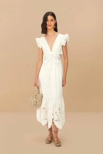 OFF WHITE Abito midi nuovo con etichette AUTENTICO FARM RIO bianco sporco pizzo farfalla Richelieu taglia SMALL $348