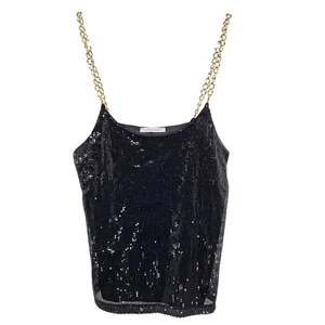 First Look USA Black Sequin Adjustable Chain Strap Tank Women’s Sz M Made in USA - Picture 1 of 6