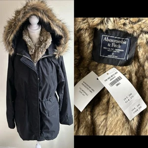 Abercrombie & Fitch Parka Faux Fur Vest Lining Jacket Coat S Womens Hooded Black - Picture 1 of 21