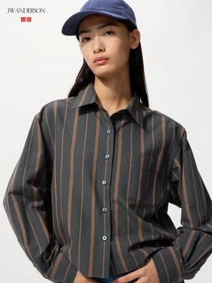 Camisa cuadrada Oxford a rayas GRIS OSCURO 479975 UNIQLO y JW ANDERSON 2025 AW para mujer Foto 1 de 2