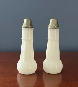 VINTAGE WHITE MILK GLASS TALL RING NECK SALT & PEPPER SHAKERS POSS JEANNETTE? - Picture 1 of 16