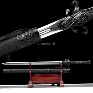 Hand Forged Chinese Jian 羽翎战剑 Carbon Steel Battle Ready Sharp With Black Sheath. - Picture 1 of 10