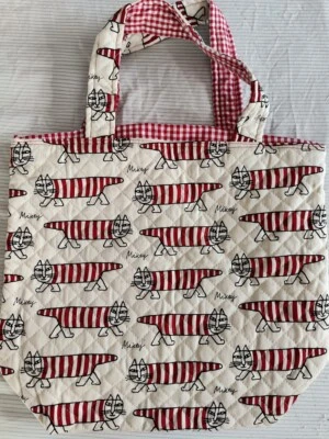 Bolso de Mano Grande Reversible Hecho a Mano - Gatos Lisa Larson / Estampado a Cuadros Rojo  Foto 1 de 4