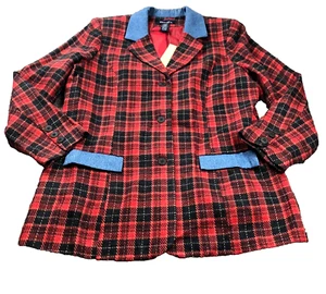 Denim & Co Women Wool Blend Blazer Jacket Sz L Red Plaid Denim Collar Button NWT - Picture 1 of 12