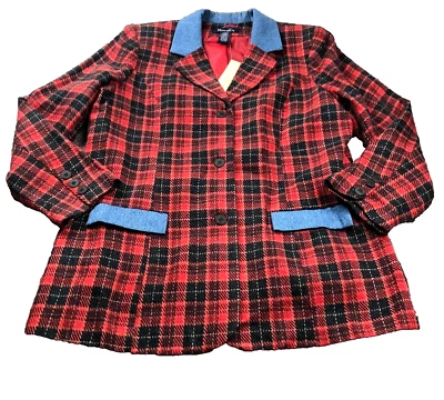 Denim & Co Women Wool Blend Blazer Jacket Sz L Red Plaid Denim Barn Preppy NWT - Image 1 of 4