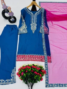 STUNNING LOOK HEAVY CHINNON SILK PALAZZO SUIT WITH NET DUPATTA FOR WEDDING - Picture 1 of 11