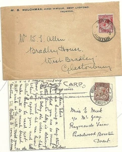 COVER WELCHMAN 1915 M S & PPC 1921 - 2x FRANCOBOLLI IN GOMMA WEST LYDFORD TAUNTON - Foto 1 di 2