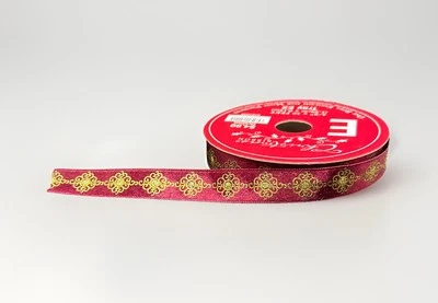 Christmas Scroll Craft Ribbon 5/8in - Burgundy, Gold, Glitter, Satin - Image 1 of 2