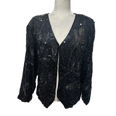 Vtg Womens Size L Evening Jacket All Over Beaded Sequined Glam Long Sleeve Black - Image 1 of 4