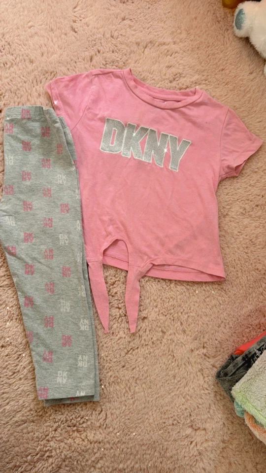 DKNY Girls Pink Short Sleeve T-Shirt with Sparkly Logo & Tied Front Bottoms Set - Image 1 of 1