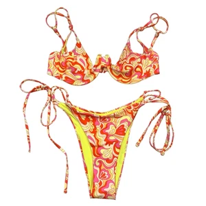 NWOT OneOne Swimwear Floral Tie Side Two Piece Bikini Set Multicolor Large - Picture 1 of 4