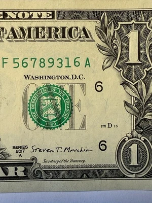 Five Digit Ladder One Dollar Bill $1 Fancy Serial Number F56789316A Series 2017A - Image 1 of 4
