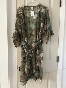 Sonoma Brown and Green Kimono One Size Beach Cover Up Boho Floral Kimono NWT - Picture 1 of 8