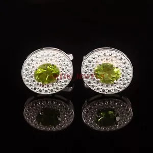 Natural Peridot Gemstone with 925 Sterling Silver Cufflink #4199 - Picture 1 of 6