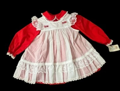 Vtg 1980s Bryan Red Pinafore Lace Dress - Size 4T Toddler Girls - USA - Cotton - Image 1 of 4