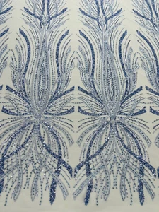 Luxury Beaded Lace/Sequin Embroider Lace Fabric - BLUE - Sold by The Yard. - Picture 1 of 4