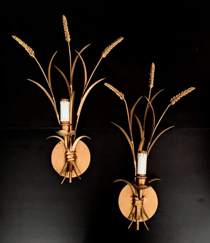 VTG Pair MCM Hollywood Regency Italy Tole Wheat Sheaf Light Fixture Wall Sconces Cover
