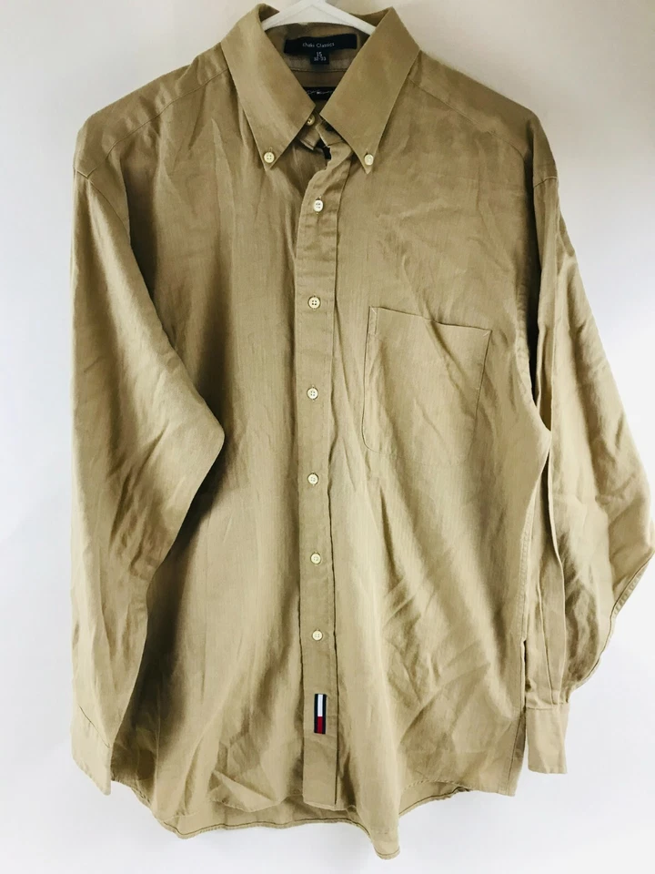 Camisa masculina Tommy Hilfiger tamanho 15 32-33 cáqui clássica manga comprida com botões - Imagem 1 de 4