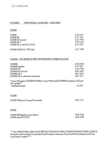Lexus Single Folded Sheet June 2005 Price List UK Market Price includes Free P/P - Picture 1 of 1
