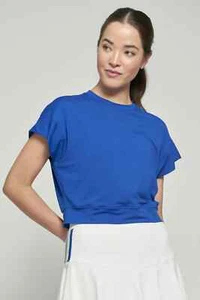 Lija Women's Drift Saturday Tee BOXY CROPPED 20" T-SHIRT SMALL BLUE NEW NWT - Picture 1 of 6