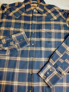Mens Ely Cattleman LS Blue/Teal Plaid Cream/Tan Pearl Snap Shirt Size XL - Picture 1 of 3