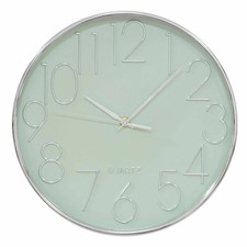 Silver & Sage Green Wall Clock By Hometime 30cm, 3D Numbers On Face (W7366)