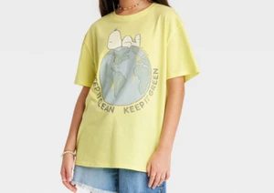 NEW Girls Snoopy Clean Green Earth Tee sz M or L yellow graphic t-shirt shortslv - Picture 1 of 5