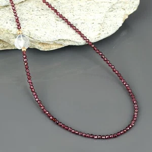 Natürliche 1 Strang Roter Granat & Kristall Perlen 925 Sterling Silber Halskette Schmuck - Bild 1 von 5