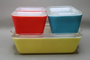 VINTAGE PYREX PRIMARY COLORS 4PC 501 502 503 SET REFRIGERATOR DISHES LIDS comple - Picture 1 of 24