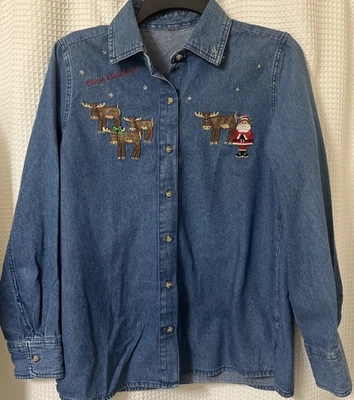 Camisa Denim Navidad Para Mujer Talla S M Cambray Santa Reno Cabaña Bordada  Foto 1 de 4
