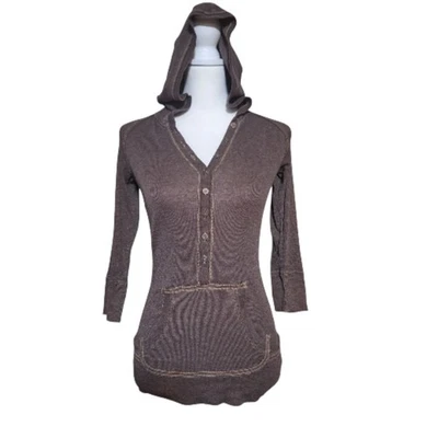 Vtg Y2K Brown Henley Hoodie Top Jrs L Ribbed Bella Swan 90s Grunge Fitted Brown - Image 1 of 4