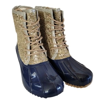 Botas Sugar Mujer 9M Dorado Brillo Azul Marino “Patrón” Forradas Pato Botas Impermeables NUEVAS Foto 1 de 4