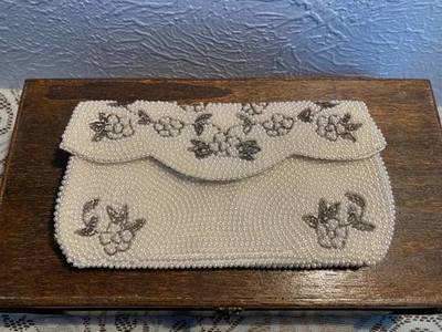 VTG Evening Bag Clutch Purse~Ivory Beaded Faux Pearls~Satin Liner~Snap Closure - Image 1 of 4