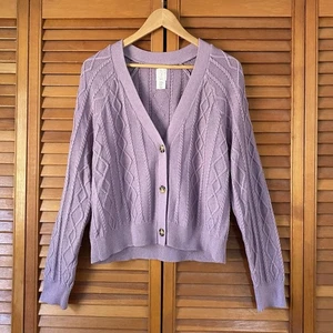 Joie Cardigan Maglione Donna Taglia Media Maglia Cavo Crop Viola Bottone Frontale - Foto 1 di 5