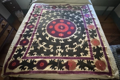 Antique Hand Embroidered Colorful Suzani Panel 64" by 54" Made in Two Pieces - Image 1 of 4