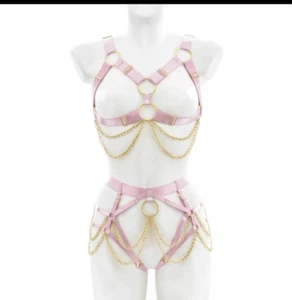 Neu ohne Etikett 2-teiliges rosa Strumpfband Geschirr Dessous Set Kette - Bild 1 von 5