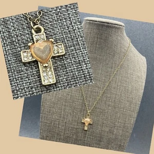 Claires Cross Pendant Necklace 16 In Gold Pink Peach Acrylic Heart Rhinestone - Picture 1 of 10