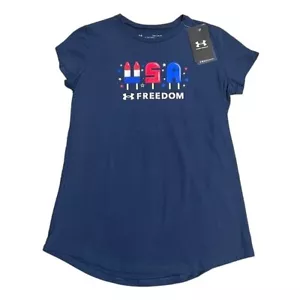Under Armour T-Shirt Girl’s Size Large Blue Short Sleeve American July 4th - Photo 1 sur 9