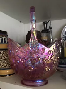 FENTON ART GLASS Co. USA: PINK Iridescent LILY OF THE VALLEY 7 1/2" Basket w/tag - Picture 1 of 11