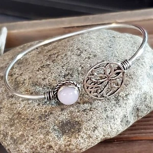Handcrafted Opalite Gemstone Lotus Circle Sterling Silver Overlay Cuff Bracelet - Picture 1 of 7