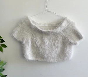 Supre Womens Size S Cropped Boxy Short Sleeve Top White Knit Fluffy - Picture 1 of 8