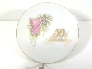 Enesco 50th Anniversary Plate Pink Bells Gold Trim 4.25" Dia. VTG 1988 - Picture 1 of 3