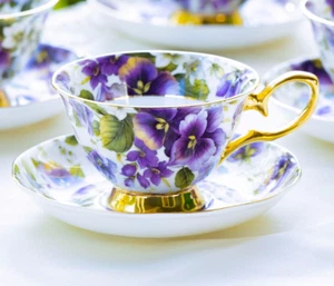 Grace Teaware Purple Pansy Gold Bone China Tea Cup and Saucer - Picture 1 of 3