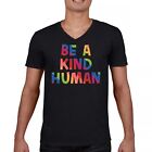 Be a Kind Human Puff Print V-Neck T-shirt Positive Message Diversity Peace Tee