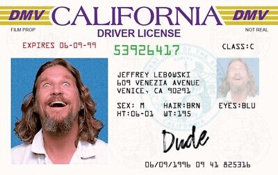  The Dude  Jeffrey Lebowski Drivers License CA ID Card Big Lebowski Prop • 6.95€