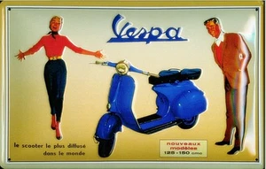 Vespa (blue) with Happy Couple embossed steel sign 300mm x 200mm - Picture 1 of 1