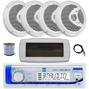 Dual Bluetooth Marine Receiver, Cover, Antenna,Wire, 4x 8'' 180W White Speakers - Picture 1 of 6